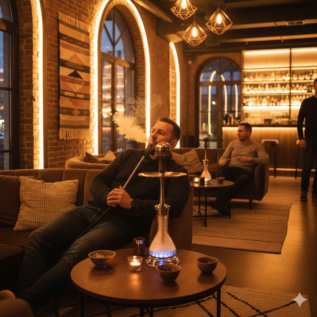 a man smoking shisha in lounge