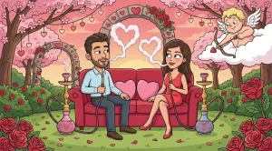 A couple enjoying a relaxing shisha date on a garden sofa, blowing heart-shaped smoke rings under Cupid's watch, visualizing an intimate Valentine's evening experience.