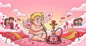 A playful illustration of Cupid smoking a hookah on pink clouds, surrounded by hearts and romantic couples, representing the perfect Valentine's shisha atmosphere.