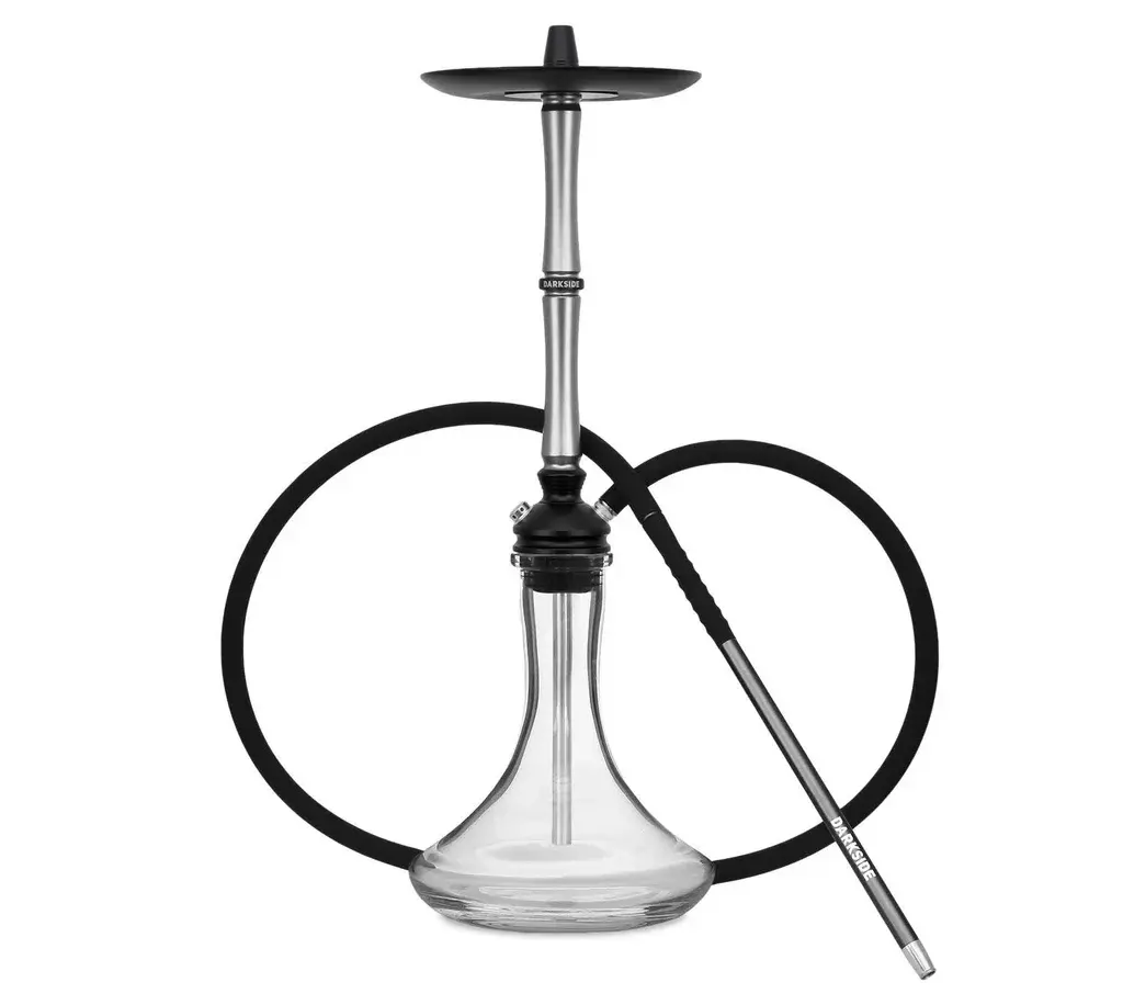 The stylish Darkside Mars hookah standing tall with its refined silver and black metal stem and clean glass base.