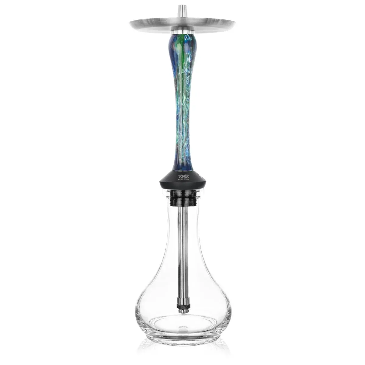 The budget-friendly Aladin Epox 565 showing off its vibrant blue and green resin stem and clear glass base.
