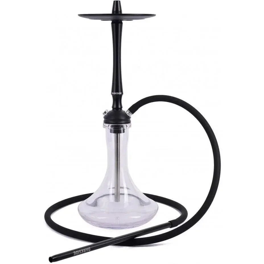 The all-black Darkside Orion hookah with a clear bell-shaped base, known for its sleek Russian engineering and reliable airflow.