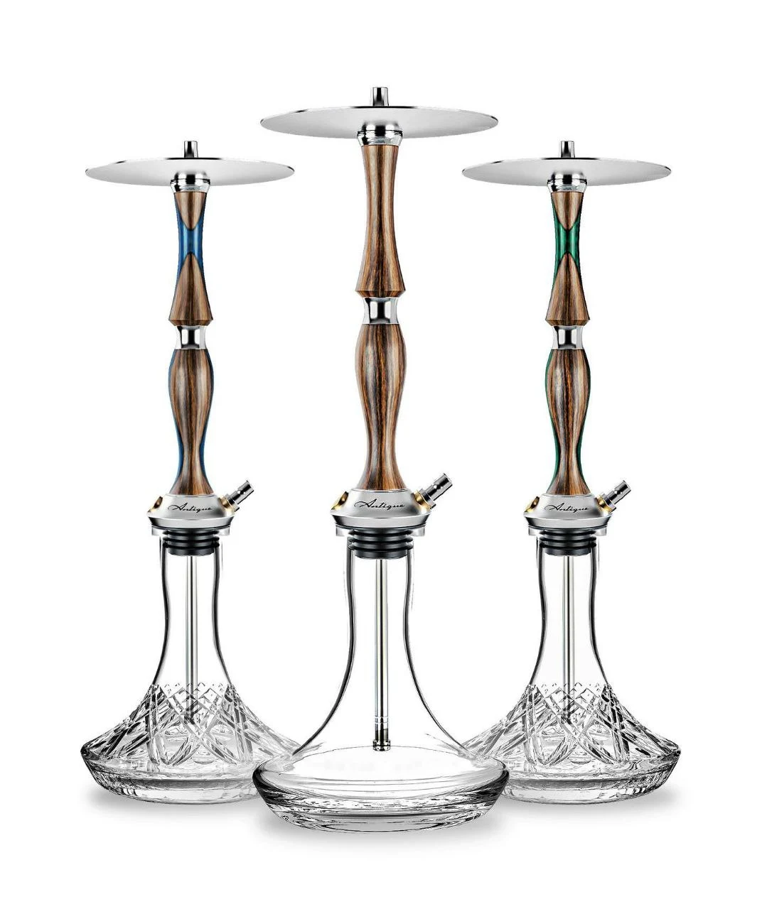 A lineup of three Mr. Wood Antique hookahs showcasing their collector-worthy wooden craftsmanship and intricate crystal bases.