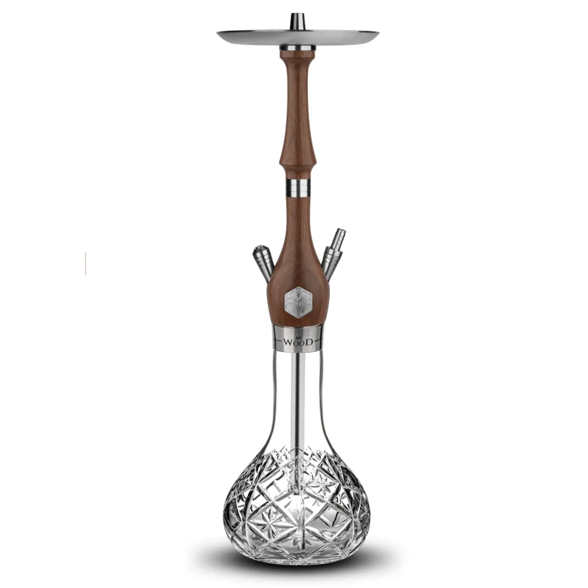 A beautiful Mr. Wood Classic hookah with a warm wooden stem and crystal glass base, highlighting why it's a top contender for the best shisha device with a traditional vibe.