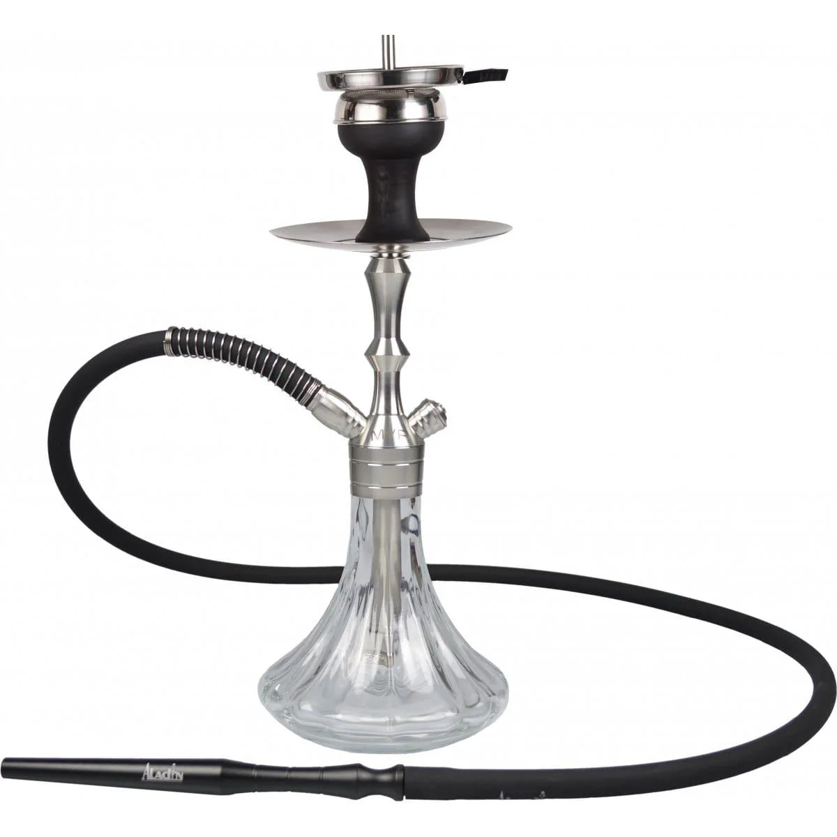 Aladin MVP fully assembled with a black soft-touch hose and heat management device. Probably the best hookah pipe for beginners wanting a complete, ready-to-smoke setup out of the box.