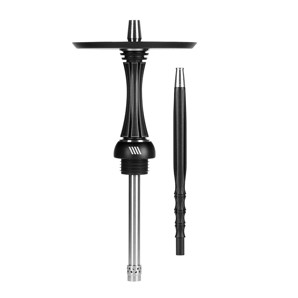 Sleek matte black Alpha Hookah Model X stem and handle. This minimalist design consistently ranks as the best hookah pipe for reliable, everyday use.