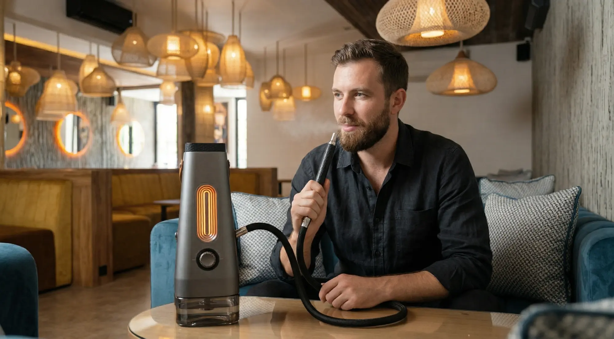 A man relaxing in Eden Hookah Club Uluwatu while enjoying a smooth session with a sleek, modern electric hookah.