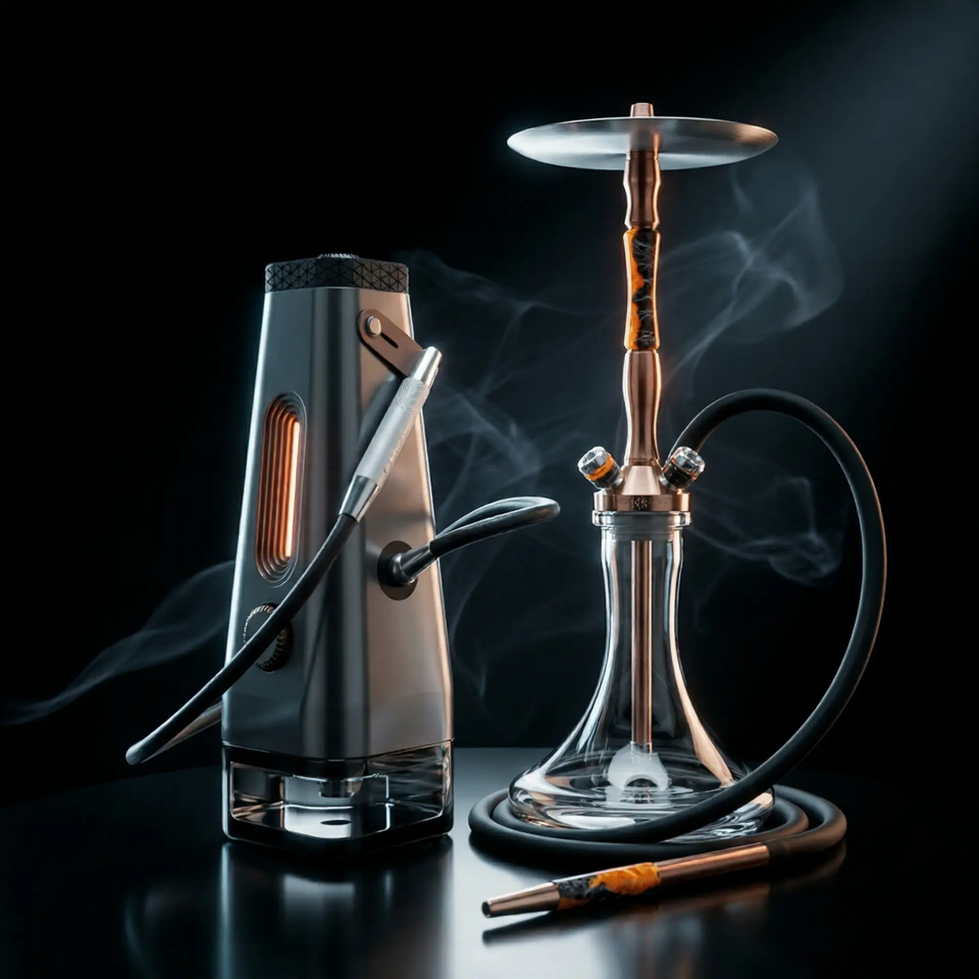 The modern grey Enso electric hookah device positioned next to a traditional rose gold shisha, illustrating the evolution of shisha.