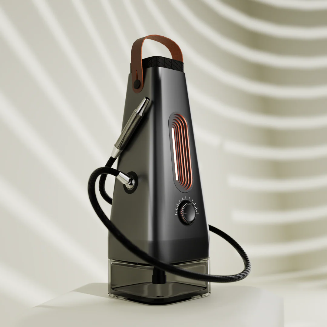 A close-up of the portable Enso electric hookah, featuring a glowing orange heating element and a stylish leather carry handle.
