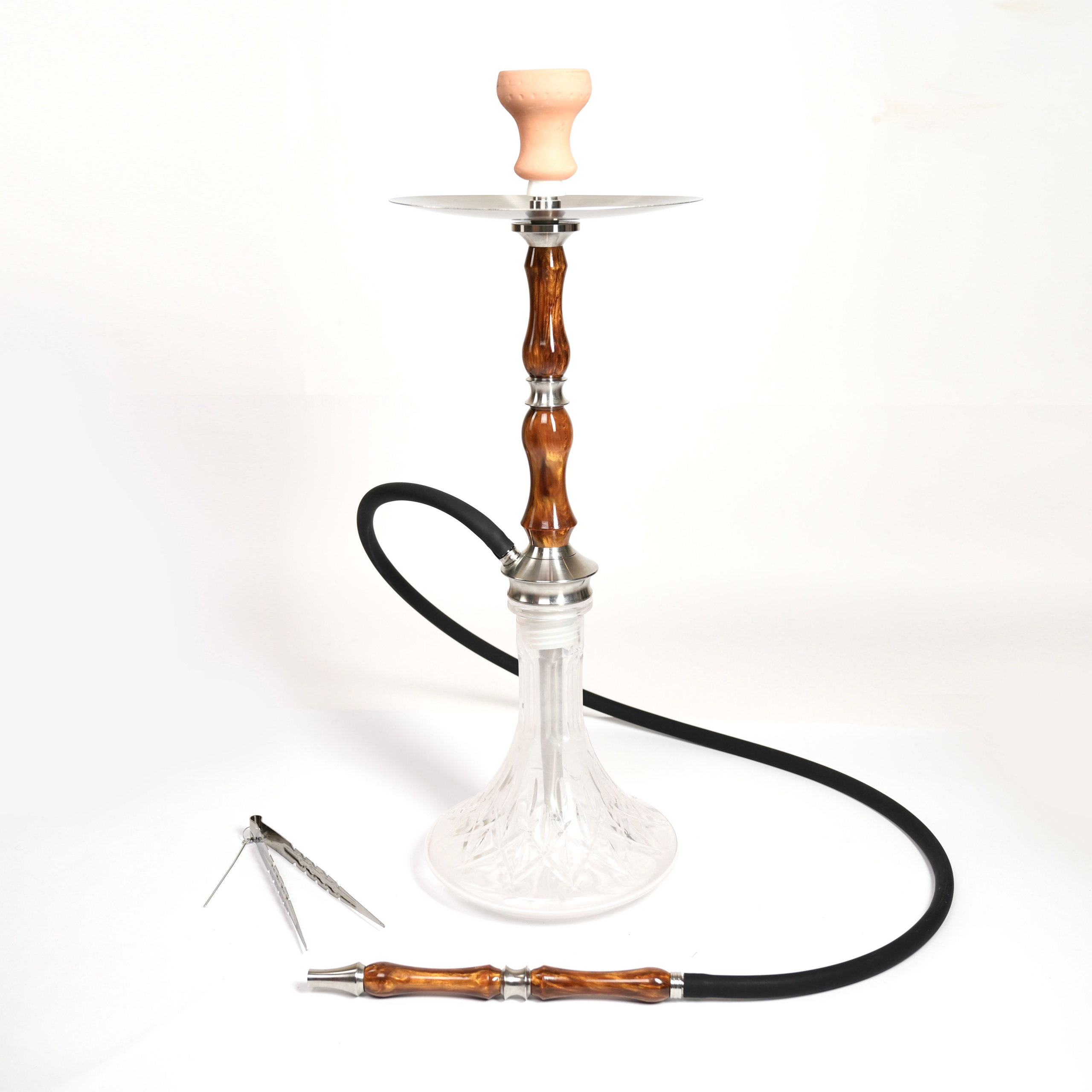 The Sphinx hookah in a sleek brown finish, complete with a clay bowl, matching hose handle, and tongs. If you're looking for a complete, ready-to-use package right out of the box, this is easily the best hookah pipe to start with.