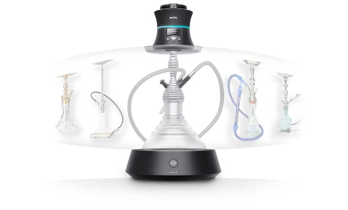 A visual guide showing how the versatile IMOTO electric hookah seamlessly attaches to various styles of traditional shisha pipes.
