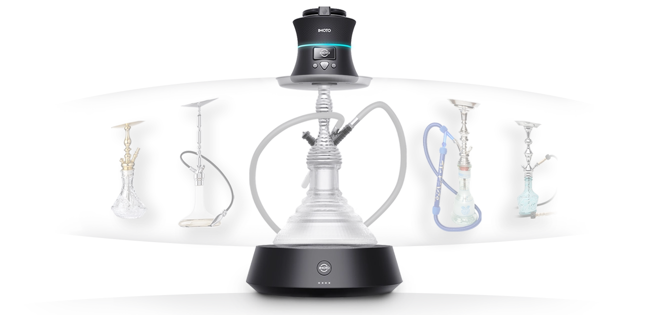 The IMOTO G1 electric heat management device, demonstrating how easily it fits on almost any traditional setup. You don't always need a brand new rig to get the best hookah pipe experience—sometimes just upgrading to coal-free heat does the trick.