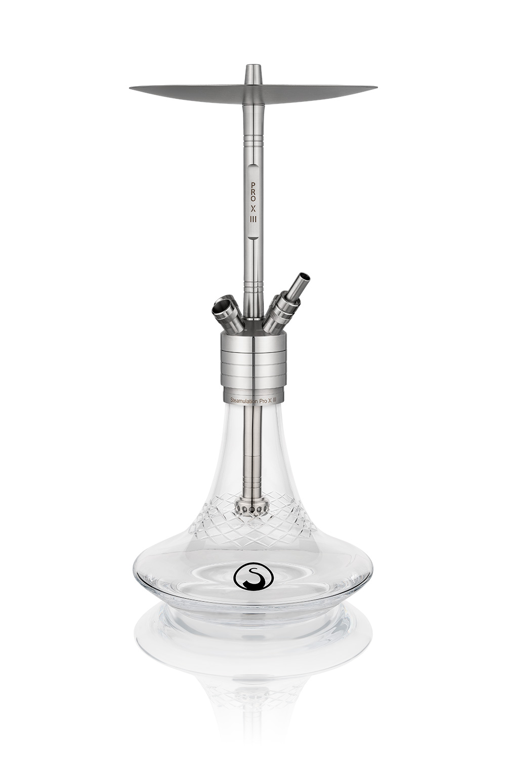 Steamulation Pro X featuring a clear crystal base and advanced airflow ports. Widely considered the best hookah pipe for those who love precision German engineering.
