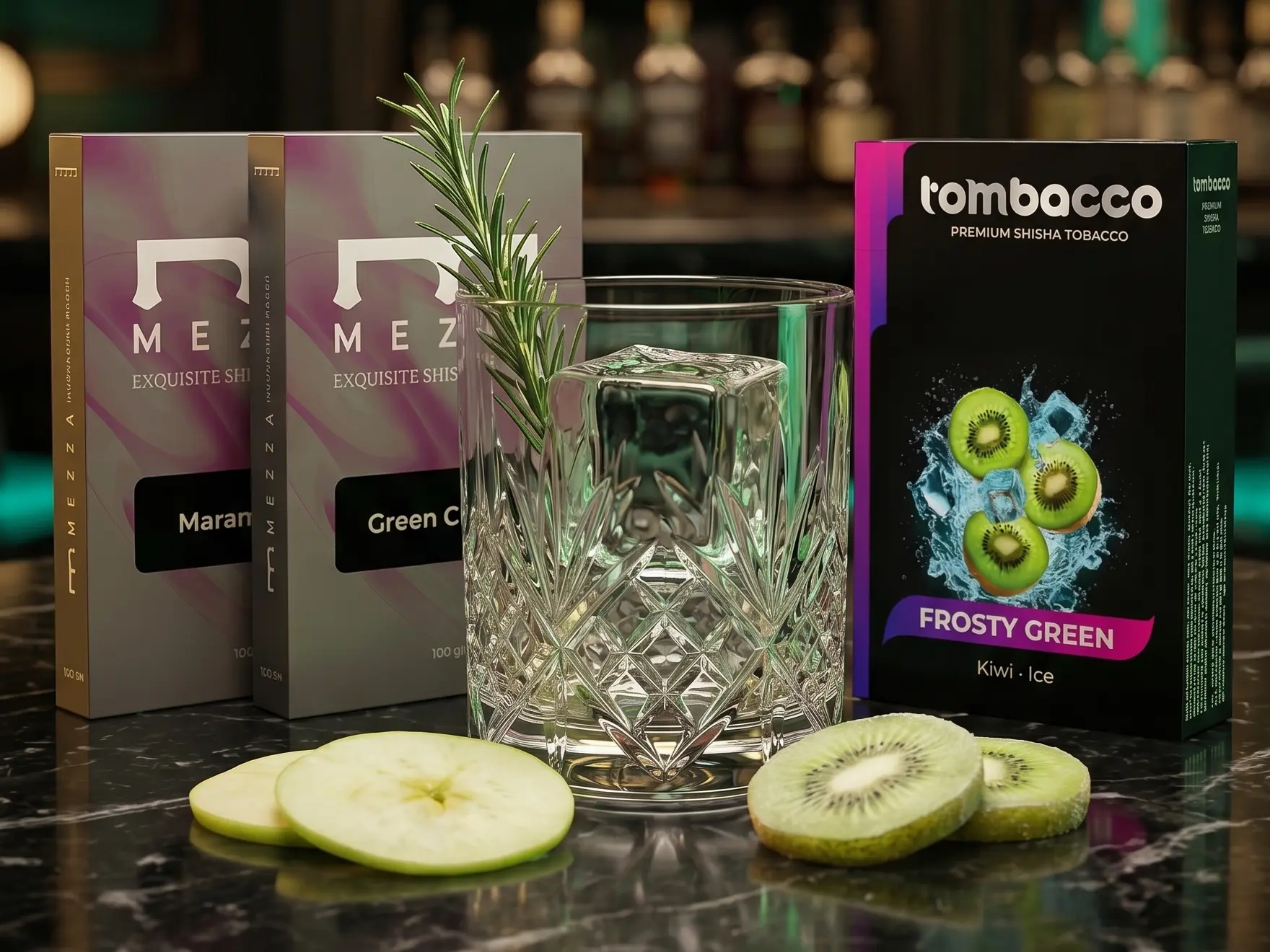 A sleek and elegant setup featuring Mezza and Tombacco tobacco boxes next to a stylish glass, fresh kiwi, and apple slices for a premium hookah bali session.