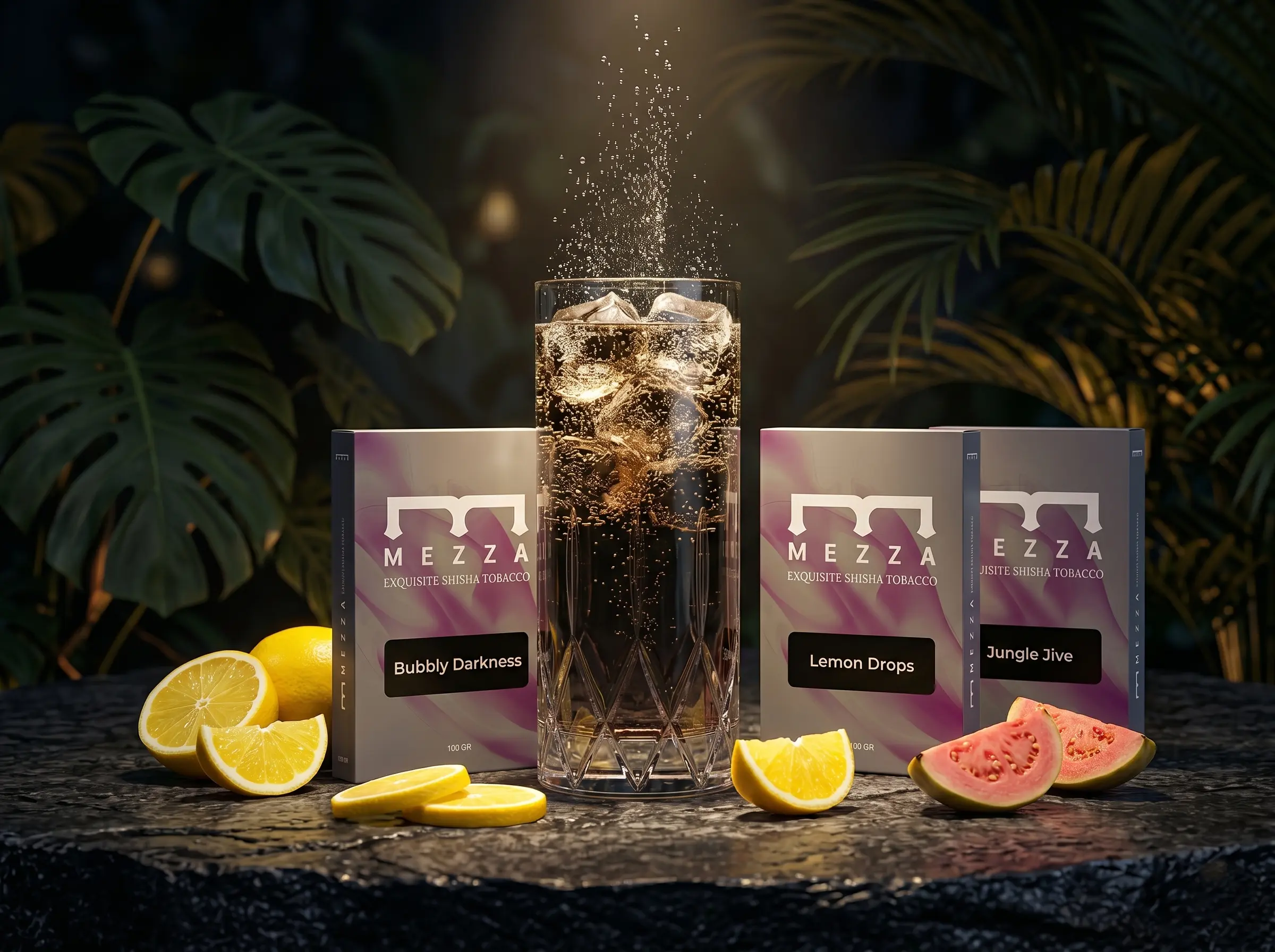 A fancy glass of fizzy cola surrounded by Mezza shisha flavors, fresh lemon, and guava, inspiring a bold and flavorful hookah bali recipe.