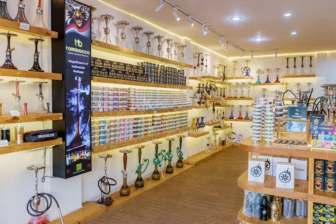 The MyShisha Bali retail store featuring shelves fully stocked with pipes, Tombacco, and accessories, making it the perfect one-stop shop for anyone first time trying hookah.