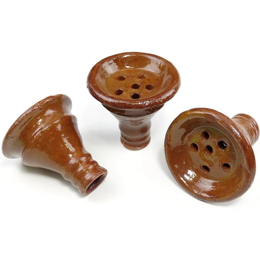 Three classic glazed Egyptian bowls in a shiny brown finish. As one of the oldest and most widely available hookah bowl types, they offer a very forgiving and balanced session for beginners and experts alike.