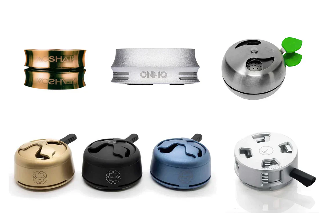 A colorful collection of premium Heat Management Devices (HMDs) in different metals and finishes, ready to be paired with your favorite hookah bowl types for smooth and perfectly controlled heat.