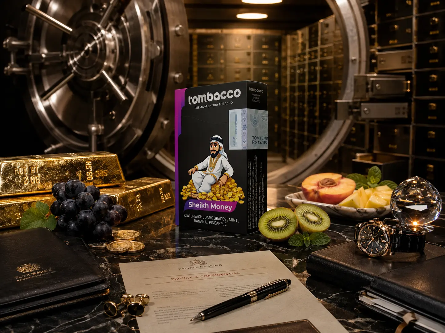 A richly detailed photo of the Tombacco Sheikh Money shisha tobacco box. The box, with its illustration of a wealthy, cheerful sheikh sitting on a pile of gold coins, rests on a polished black marble surface inside a grand bank vault. Surrounded by actual gold bullion, fresh dark grapes, sliced kiwi, peach, and pineapples, with a luxury watch in the background, it represents a truly premium and complex multi-flavor blend perfect for those seeking sophisticated Adalya flavor alternatives.