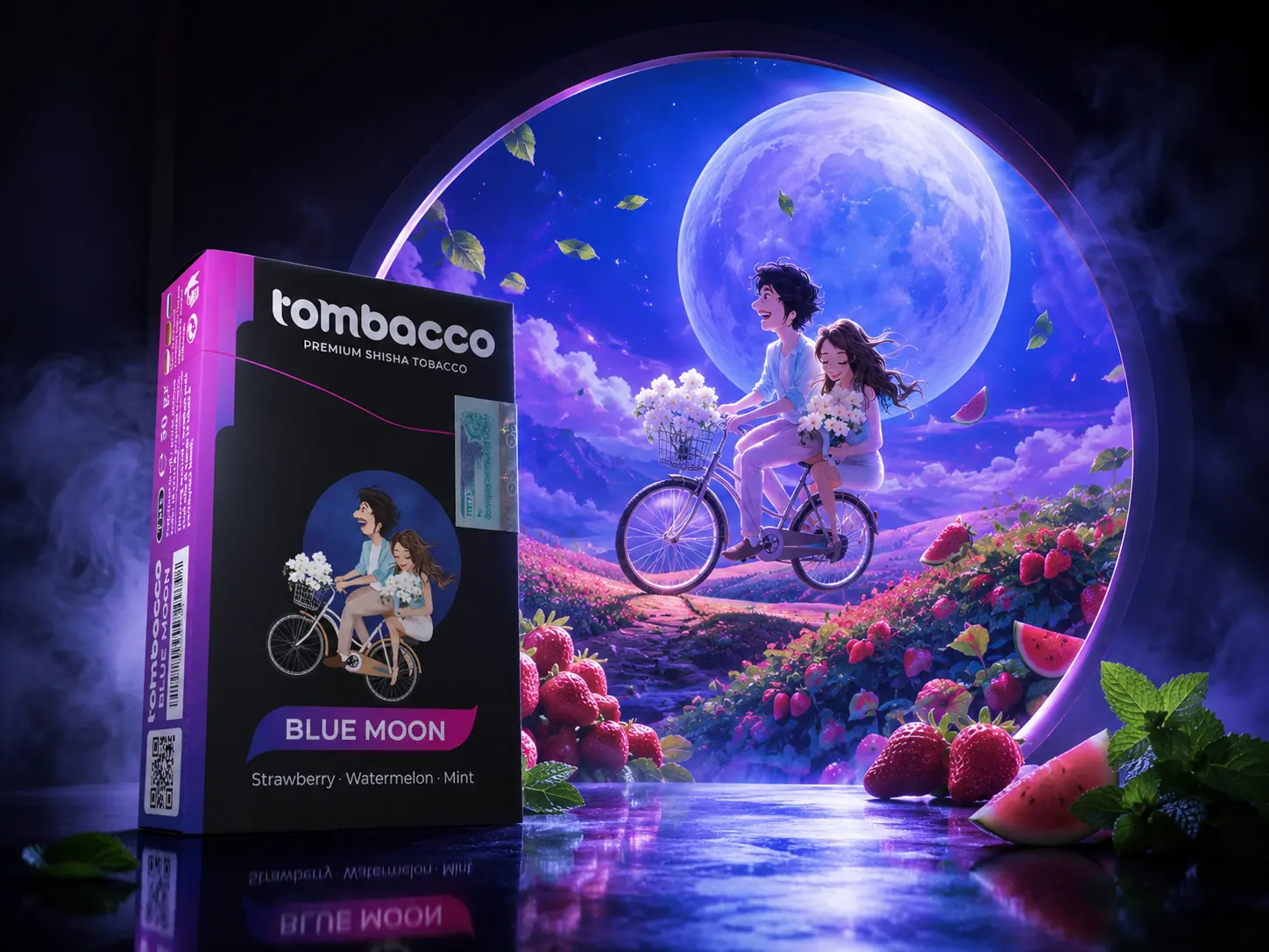 A vibrant box of Tombacco Blue Moon shisha tobacco featuring a cute illustrated couple riding a bicycle under a large glowing moon. Surrounded by fresh strawberries, watermelon slices, and mint leaves, it's one of the best Adalya flavor alternatives for Love 66 fans.