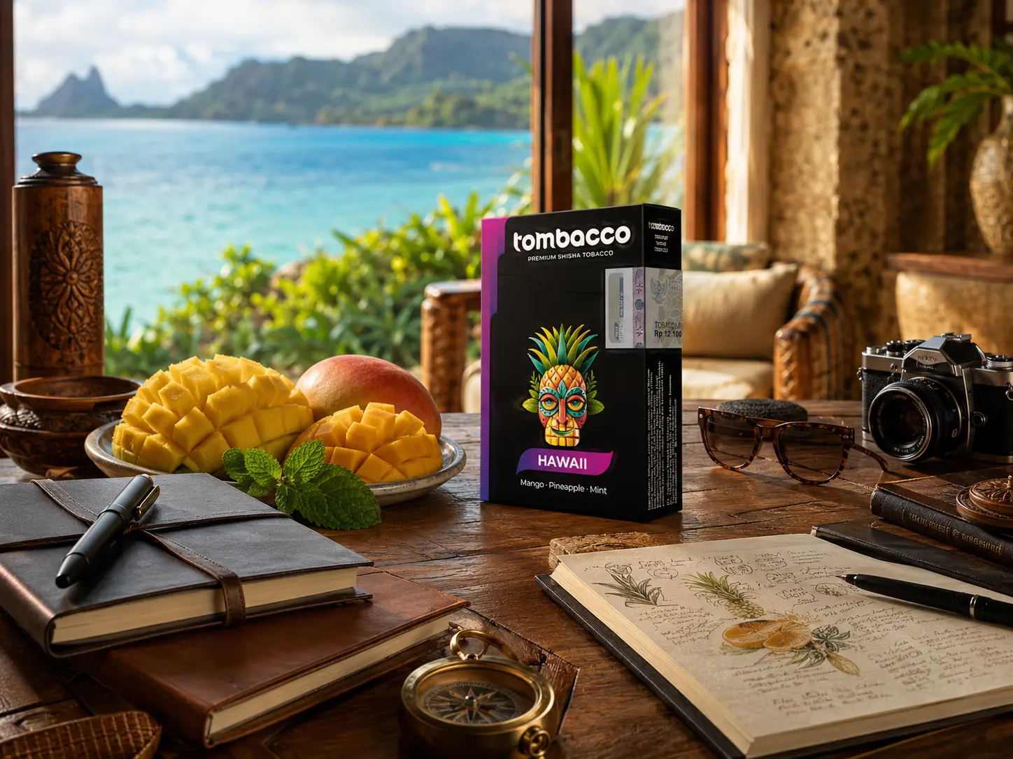 A box of Tombacco Hawaii shisha featuring a colorful tiki mask, sitting on a rustic wooden desk alongside fresh mangoes and an explorer's journal, with a beautiful ocean view in the background. A fantastic choice for anyone exploring sweet, tropical Adalya flavor alternatives.