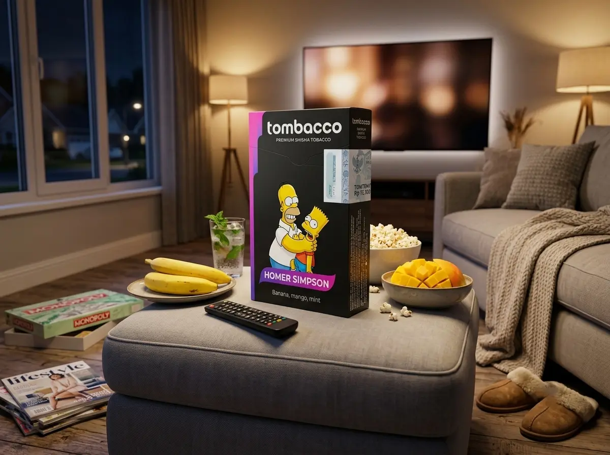 A box of Tombacco Homer Simpson flavor resting on a comfortable living room ottoman, right next to fresh bananas, sliced mangoes, and a bowl of popcorn. A great look at how relaxing it is to enjoy Adalya flavor alternatives during a chill movie night at home.