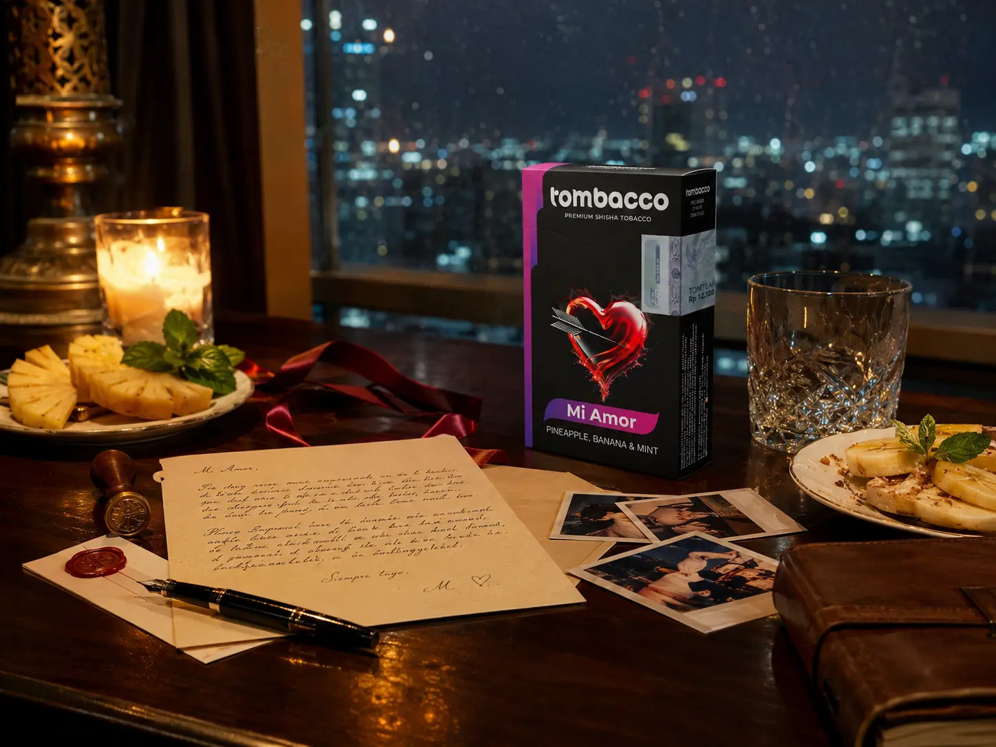 A cozy, romantic evening scene featuring a box of Tombacco Mi Amor shisha tobacco next to sliced pineapple, a handwritten love letter, and scattered polaroids, all set against a backdrop of sparkling city lights. A beautifully sweet option for those seeking Adalya flavor alternatives.