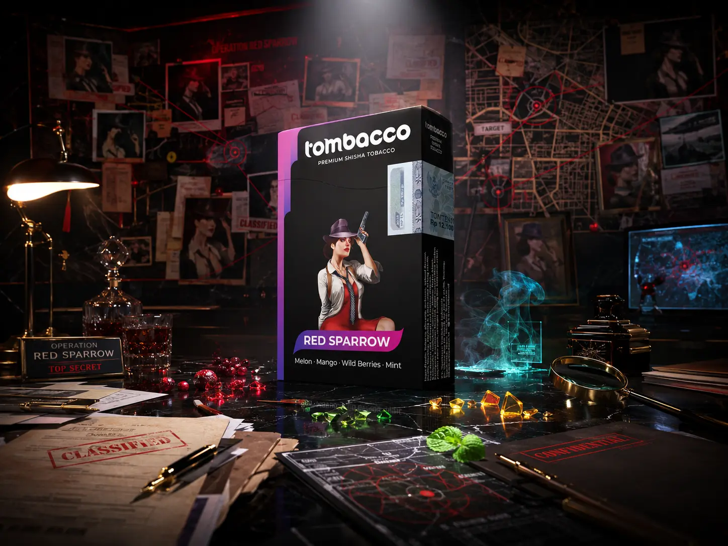 A dramatically lit photo of the Tombacco Red Sparrow shisha tobacco box. The box, with its stylish femme fatale detective illustration, is set on a detailed "Operation Red Sparrow" spy operations desk complete with "CLASSIFIED" documents, gold coins, and maps. This vivid and clean melon, mango, and berry blend is a great, complex option for anyone exploring premium Adalya flavor alternatives.