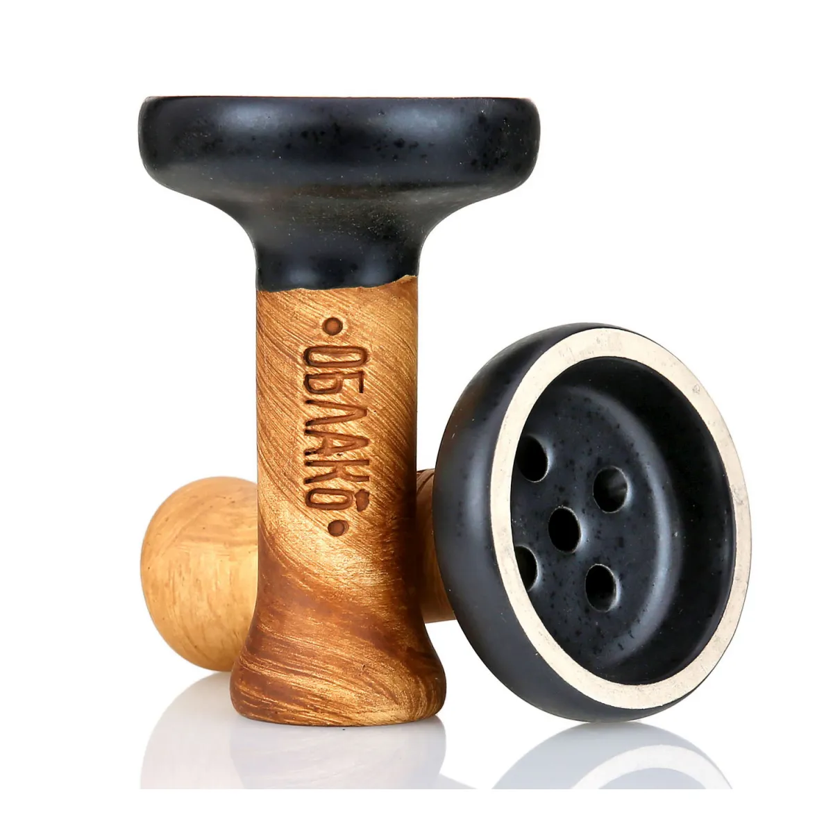 An Oblako Killer bowl featuring a flat base with bottom holes and a stylish black glazed top. Out of all the hookah bowl types, this one is your go-to for getting a strong, bold hit from dense burley tobacco.