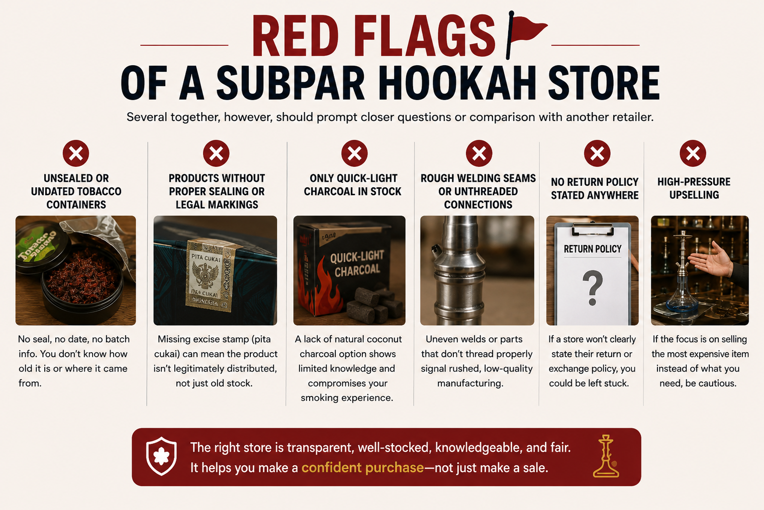 Red flags to watch for when shopping at a hookah store, from unsealed tobacco to poor hardware and high-pressure upselling