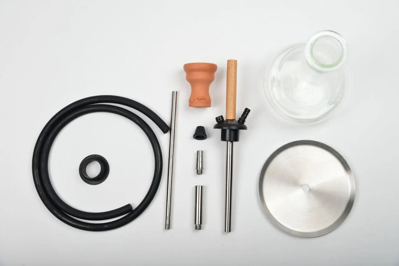 Hookah parts laid out separately, including the hose, stem, bowl, base, and other components