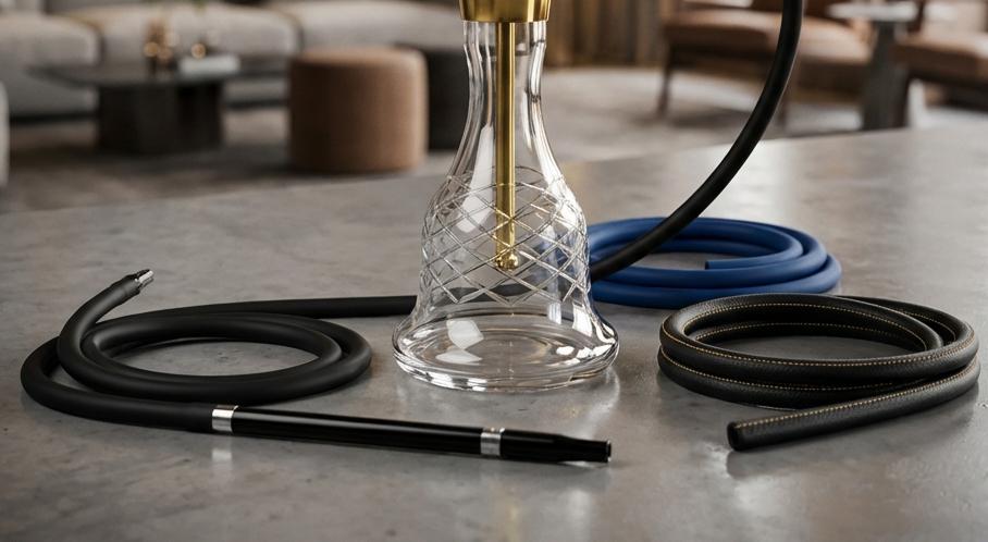 Hookah replacement parts and accessories arranged on a table for easy inspection